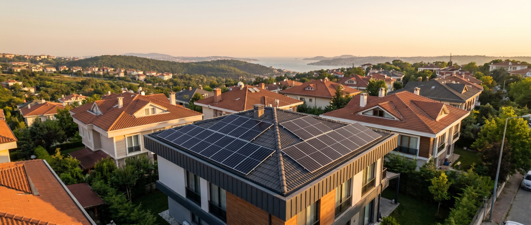 Modern bir konut çatısına kurulu güneş panelleri, GreenGrid Enerji